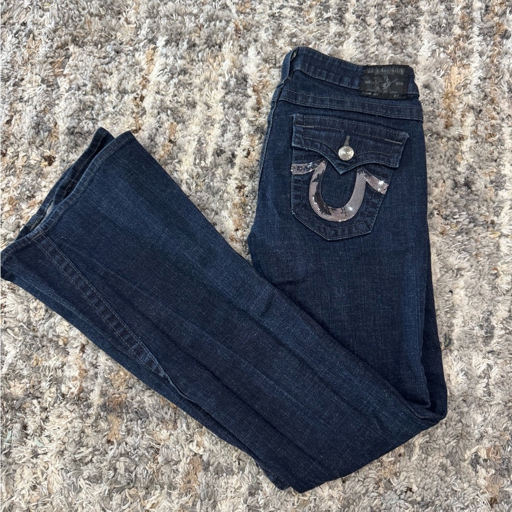 True Religion Women's Dark Blue Jeans vintage low rise flare